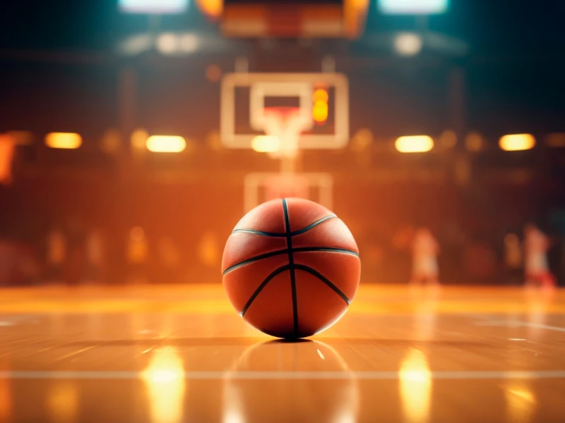 Basketball on court center, orange ball on blue-toned basketball field, representing Mostbet basketball betting