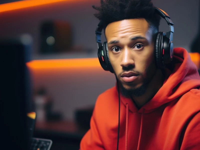 Smiling man in orange hoodie and headphones on blue background, representing Mostbet user enjoying sports betting app