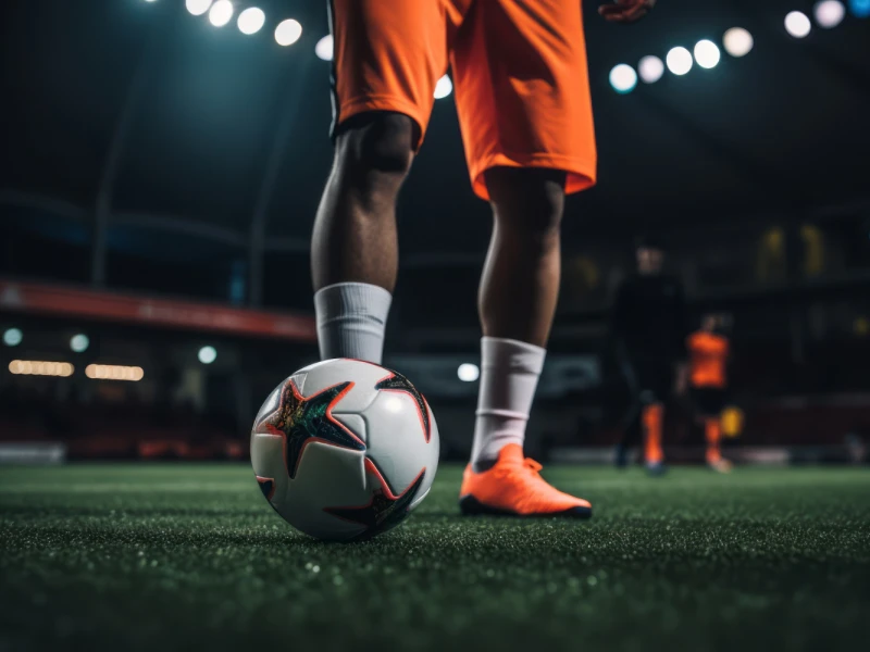 Football player in orange shorts and sneakers on green football field, dynamic sports photo on blue-toned background, Mostbet sports betting theme