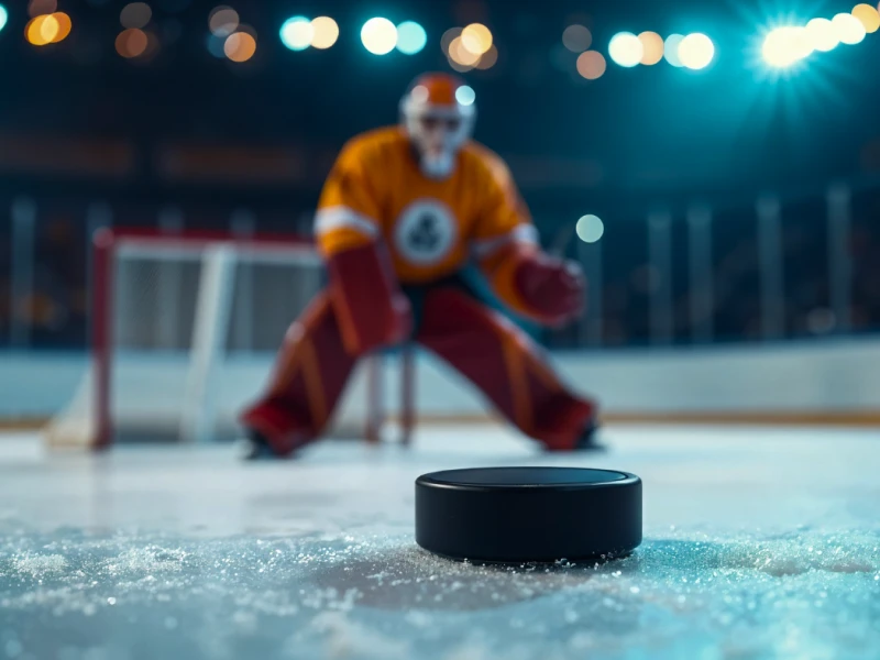 Hockey player in orange uniform on ice rink, puck in the foreground, blue background, Mostbet hockey betting concept