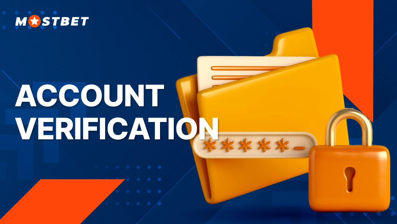 Account Verification — orange 3D icons of folder, password, and lock representing Mostbet account verification process