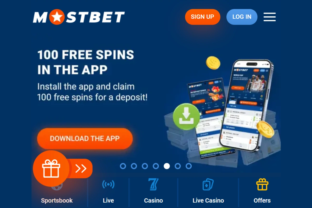 Android device browser displaying official Mostbet website homepage