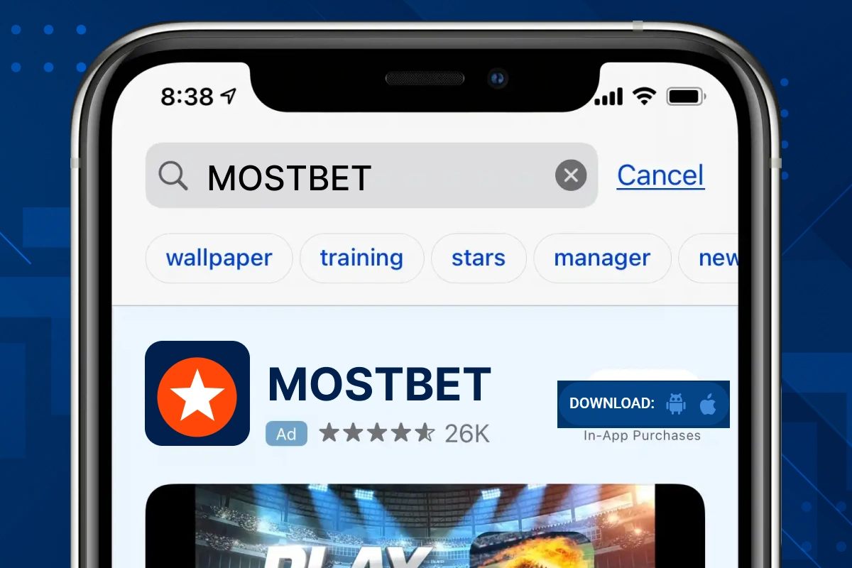 iOS App Store search bar with ‘Mostbet’ typed in, official app highlighted, interface in blue