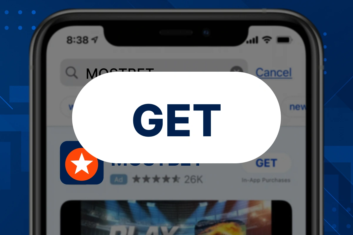 iOS screen showing ‘Get’ button highlighted for Mostbet app download in App Store, blue theme