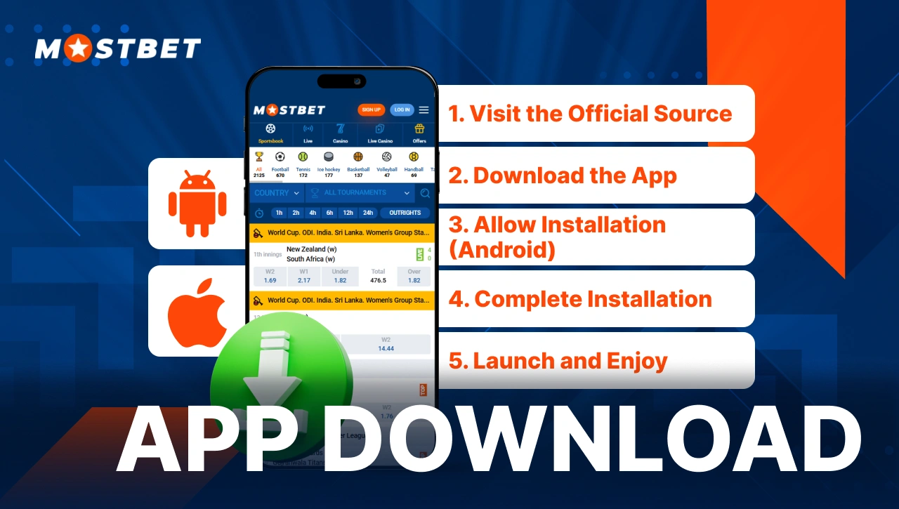 App Download — smartphone displaying official Mostbet app download page, with iPhone and Android icons on the left and installation steps on the right, blue abstract background with orange accents