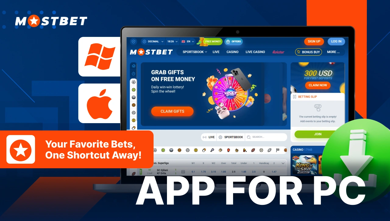 App for PC — laptop showing official Mostbet website, iPhone and Windows icons on the left, blue background with orange highlights