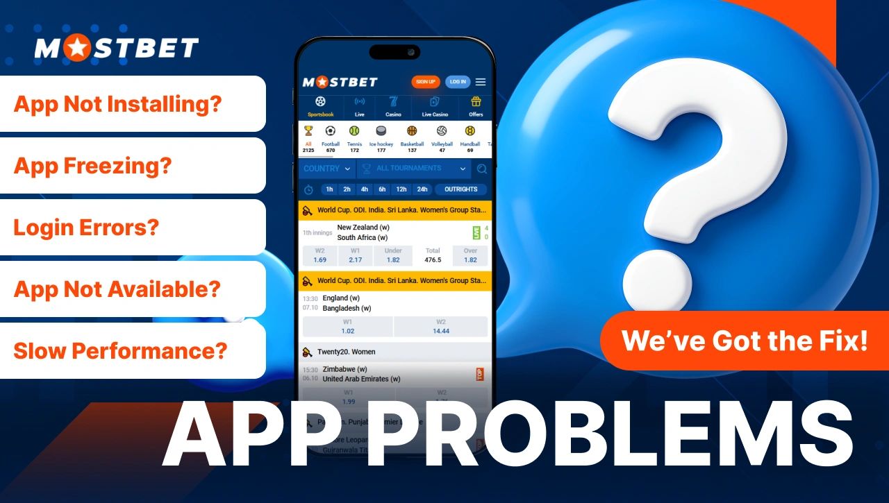 App Problems — smartphone with Mostbet app main screen, behind it a blue cloud with a question mark symbol, representing troubleshooting issues