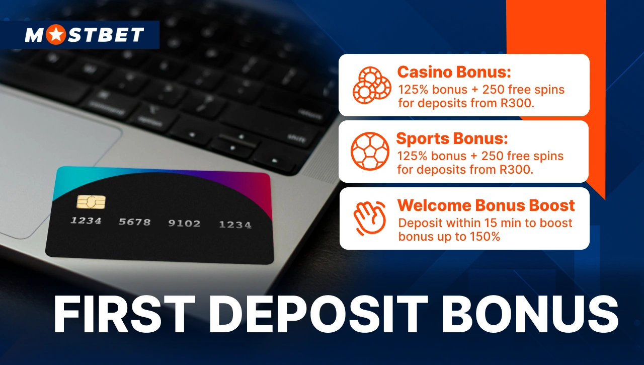 First Deposit Bonus — laptop with credit card on the left, list of Mostbet bonuses on the right, blue background with orange accents