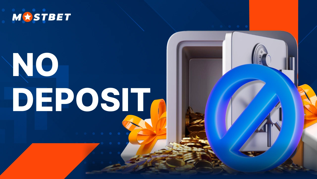 No Deposit Bonus — blue prohibition icon in front of a safe with gift boxes behind it, representing Mostbet no deposit offers