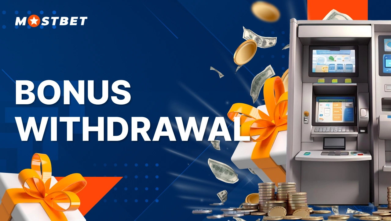 Bonus Withdrawal — ATM machine with gift, cash, and coins, symbolizing Mostbet bonus withdrawal process