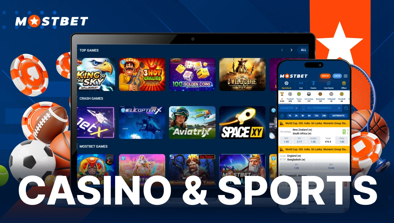 Casino and Sports — laptop with Mostbet casino section open, smartphone displaying sports betting page, surrounded by sports balls and casino chips on blue abstract background