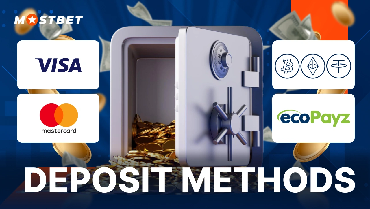 Deposit Methods — safe with coins and cards showing available payment options: Visa, Mastercard, Crypto, EcoPayz, on blue background with orange accents