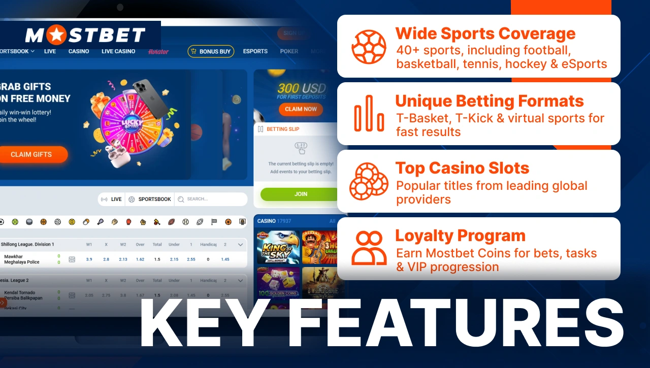 Key Features — official Mostbet website screenshot on the left, list of platform features on the right, blue abstract background with orange accents
