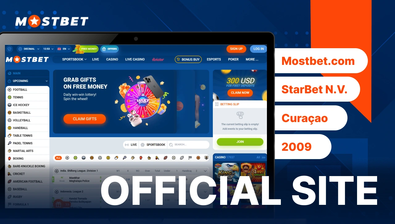 Official Mostbet website — laptop screen showing official Mostbet homepage with key details: Mostbet, Curacao, 2009, on blue background with orange accents