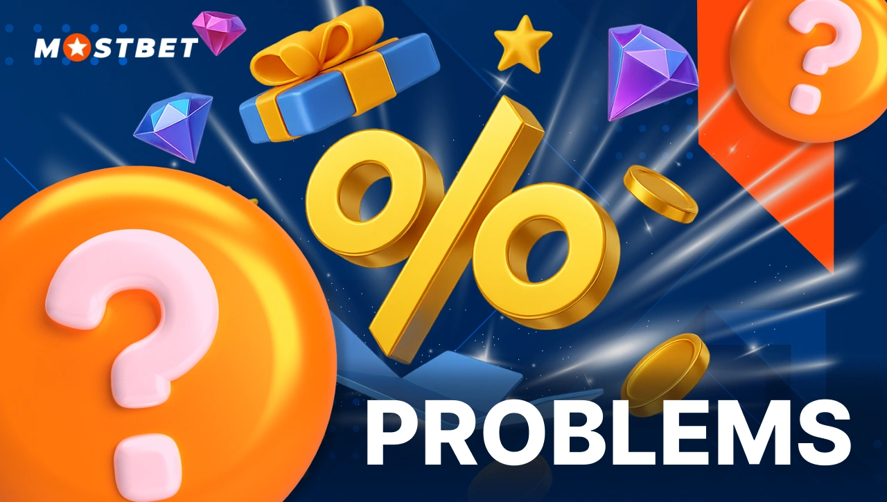Promo Code Problems — opening box with percent sign surrounded by question marks, coins, and diamonds, representing Mostbet promo code issues