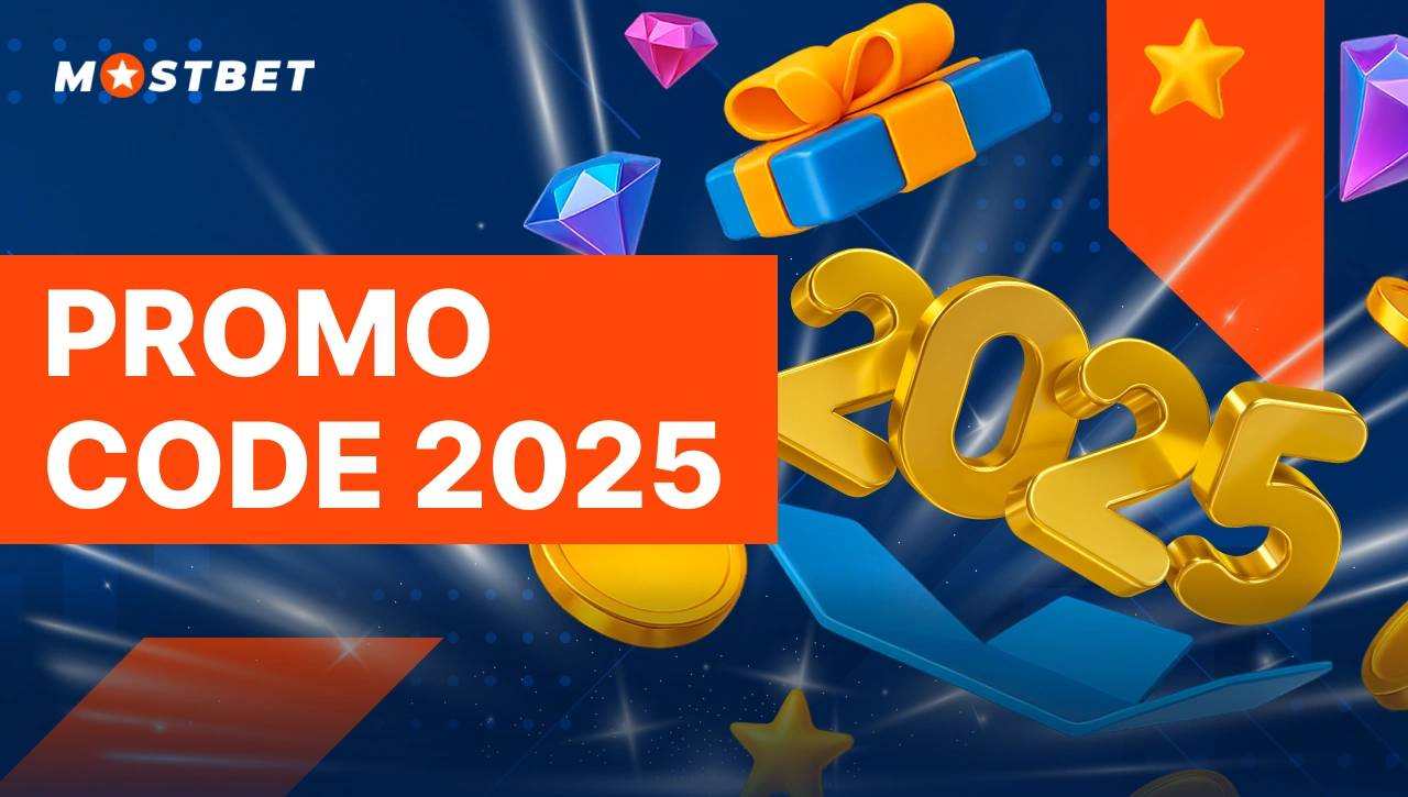 Promo Code 2025 — opening box with ‘2025’ text, coins and diamonds flying out, symbolizing Mostbet 2025 promo