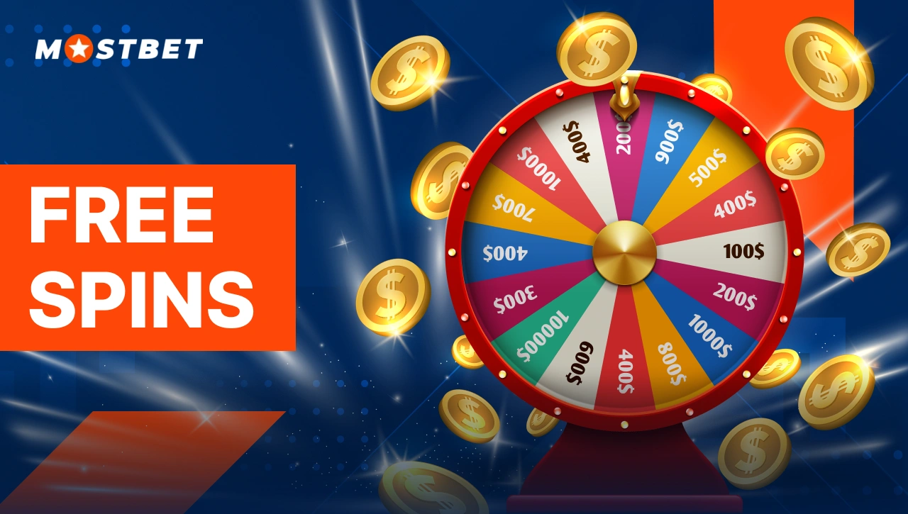 Free Spin — fortune wheel surrounded by golden coins, blue abstract background, representing Mostbet free spin offer