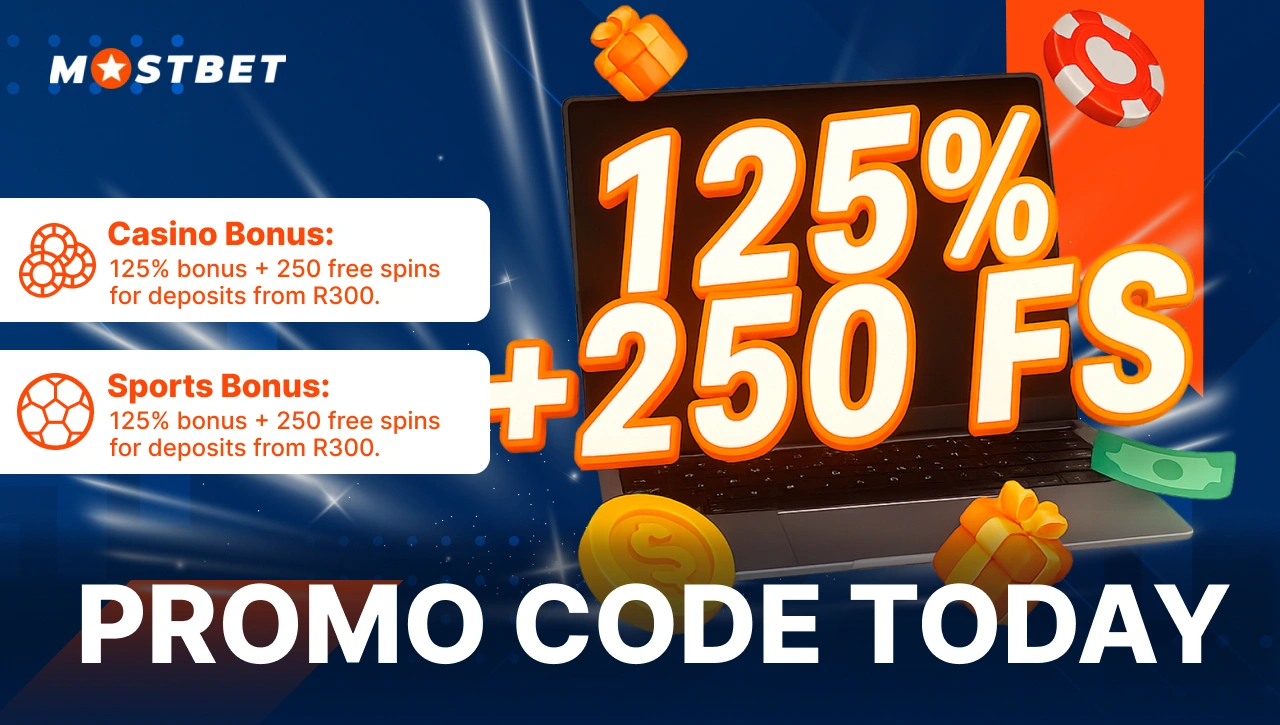Promo Code Today — laptop showing text ‘125% + 250FS’, surrounded by chips and gift boxes on blue background, Mostbet daily promotion