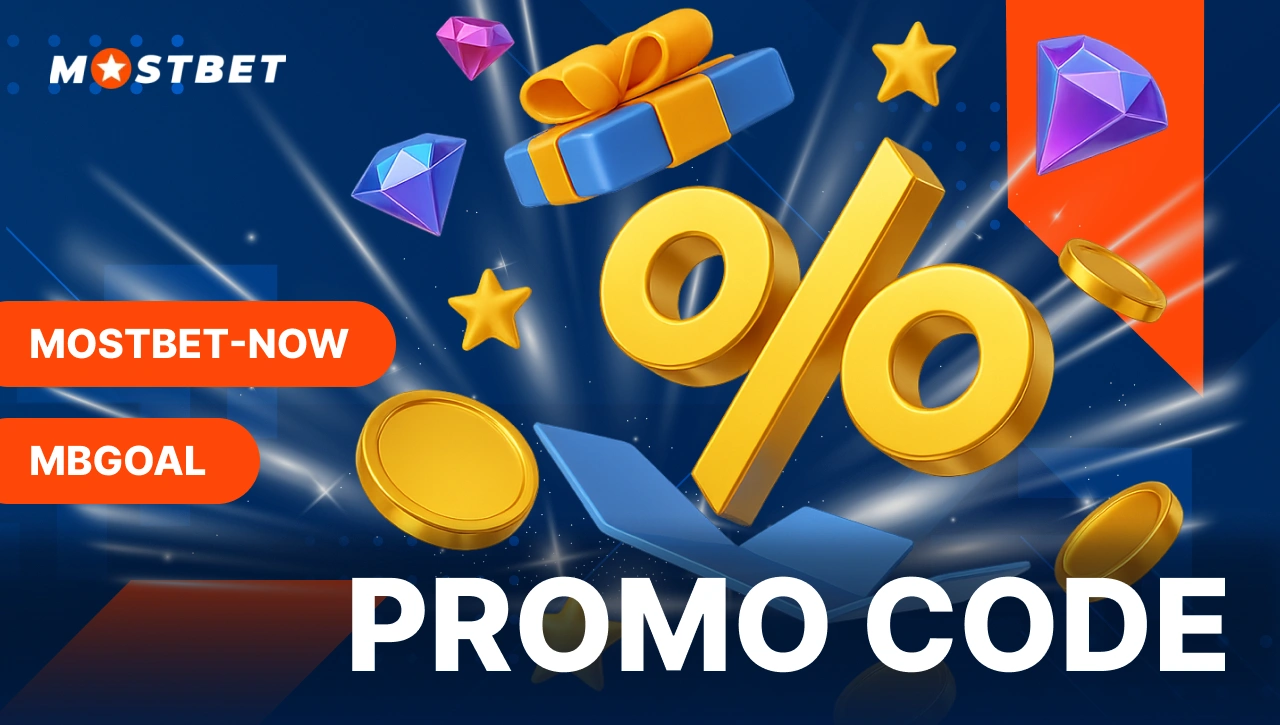Promo Code — opening gift box with percent sign, coins, and diamonds flying out, representing Mostbet promo offers