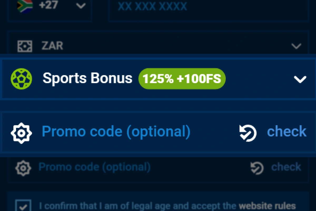 Screenshot showing welcome bonus selection and promo code entry on Mostbet Android app
