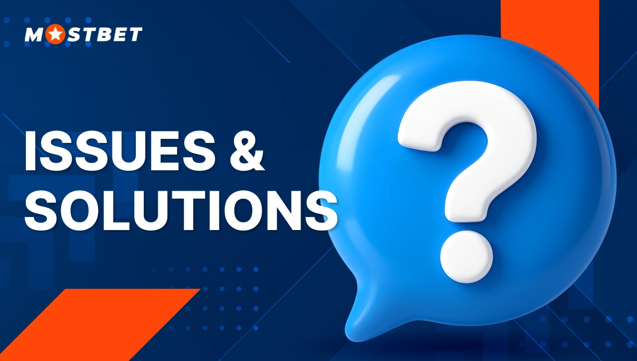 Issues & Solutions — blue cloud with question mark, representing troubleshooting and account verification help on Mostbet