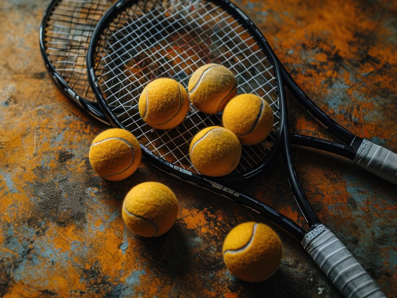 Tennis rackets and yellow tennis balls on court, orange color accents, symbol of sports betting on Mostbet