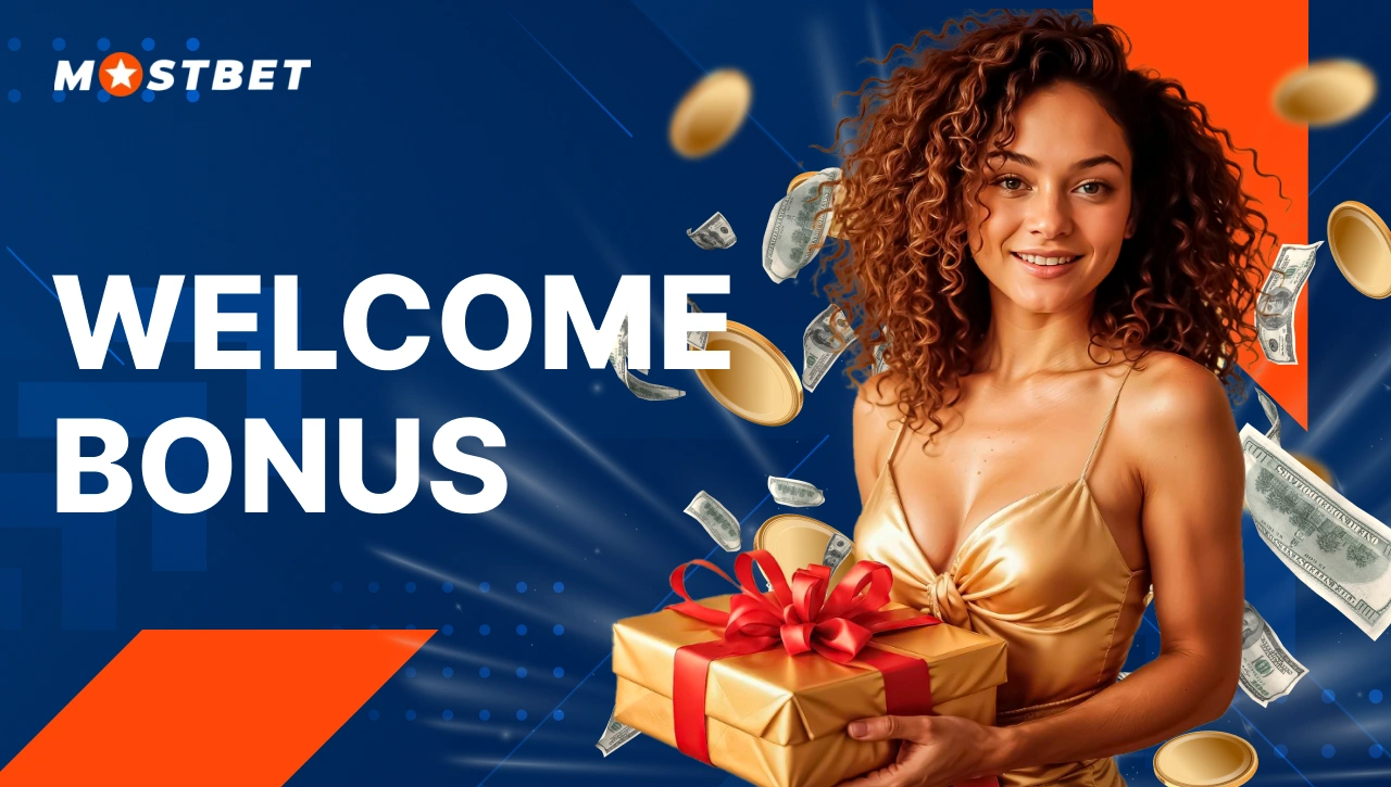 Welcome Bonus — woman holding a gift with coins and cash in the background, blue and orange theme representing Mostbet welcome offer