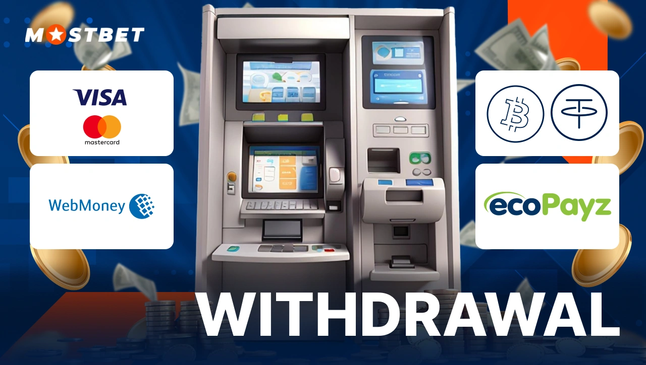 Withdrawal — ATM with cards showing withdrawal options: Visa, Mastercard, Bitcoin, Tether, EcoPayz, WebMoney, blue abstract background