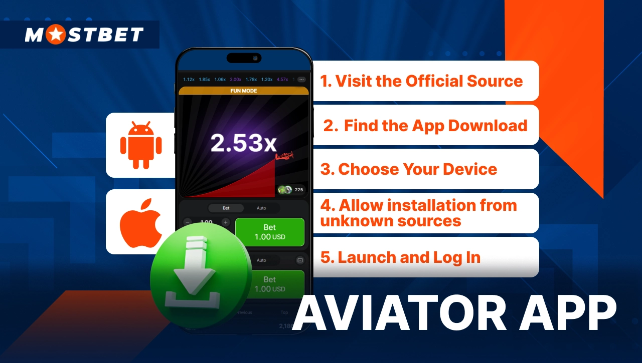 Mostbet Aviator app image showing smartphone with 2.53x multiplier and step-by-step installation guide for Android and iOS.