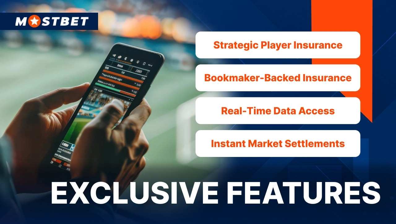 Mostbet exclusive features image showing mobile betting app with strategic player insurance, bookmaker insurance and real-time data access.
