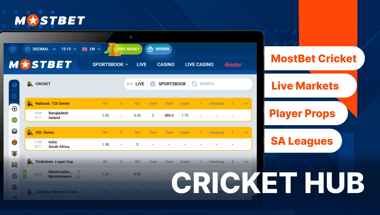 Mostbet cricket hub image showing live markets, player props, SA leagues and detailed match statistics on desktop interface.