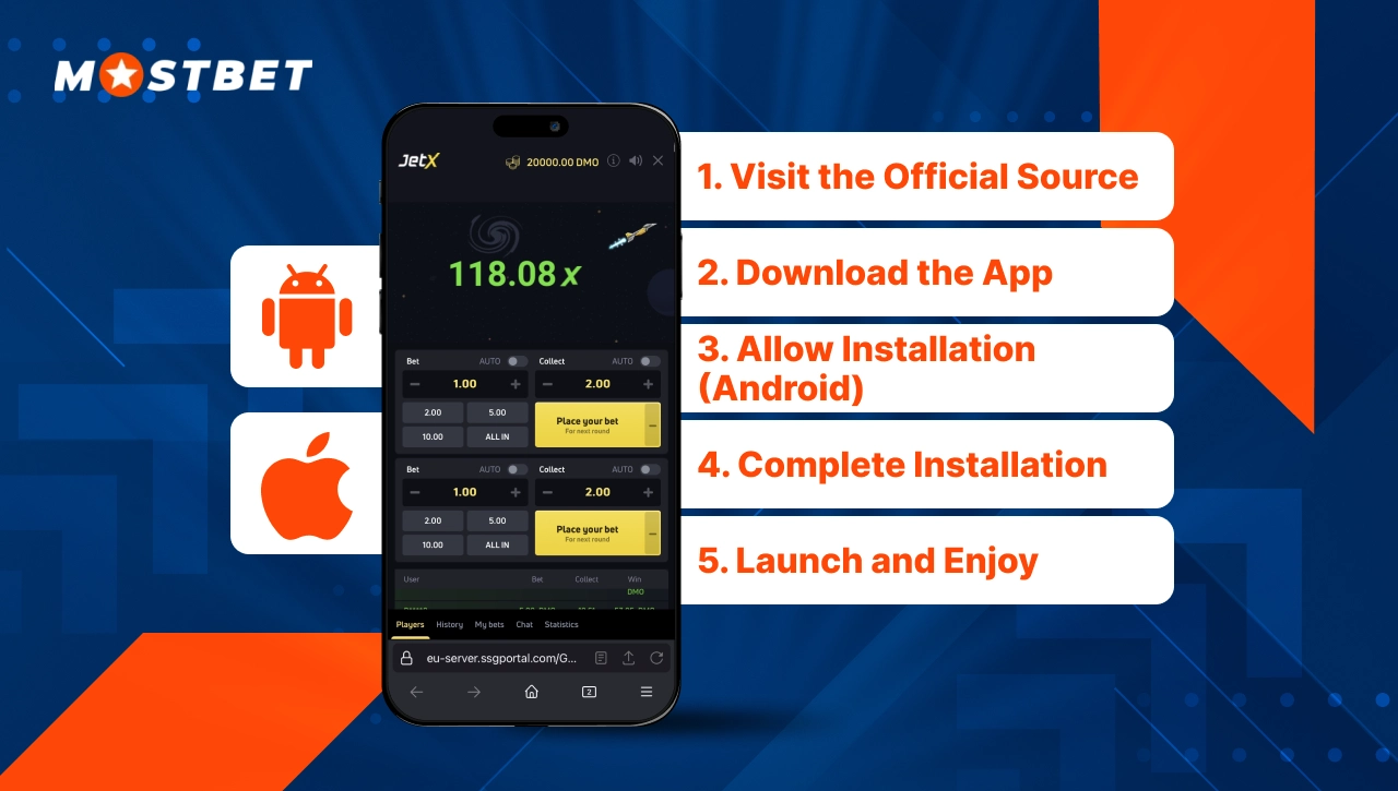 Mostbet mobile app installation guide image showing step-by-step instructions for Android and iOS with JetX interface preview.