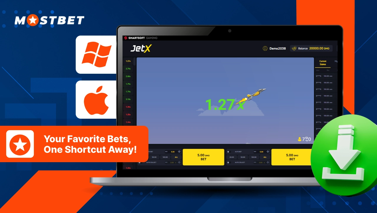 Mostbet JetX shortcut feature image showing JetX game on laptop with quick-access button and 1.27x multiplier.