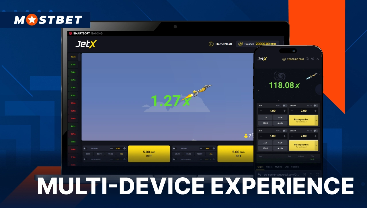 Mostbet JetX multi-device experience image showing JetX interface on various screens with 1.27x multiplier and responsive layout.