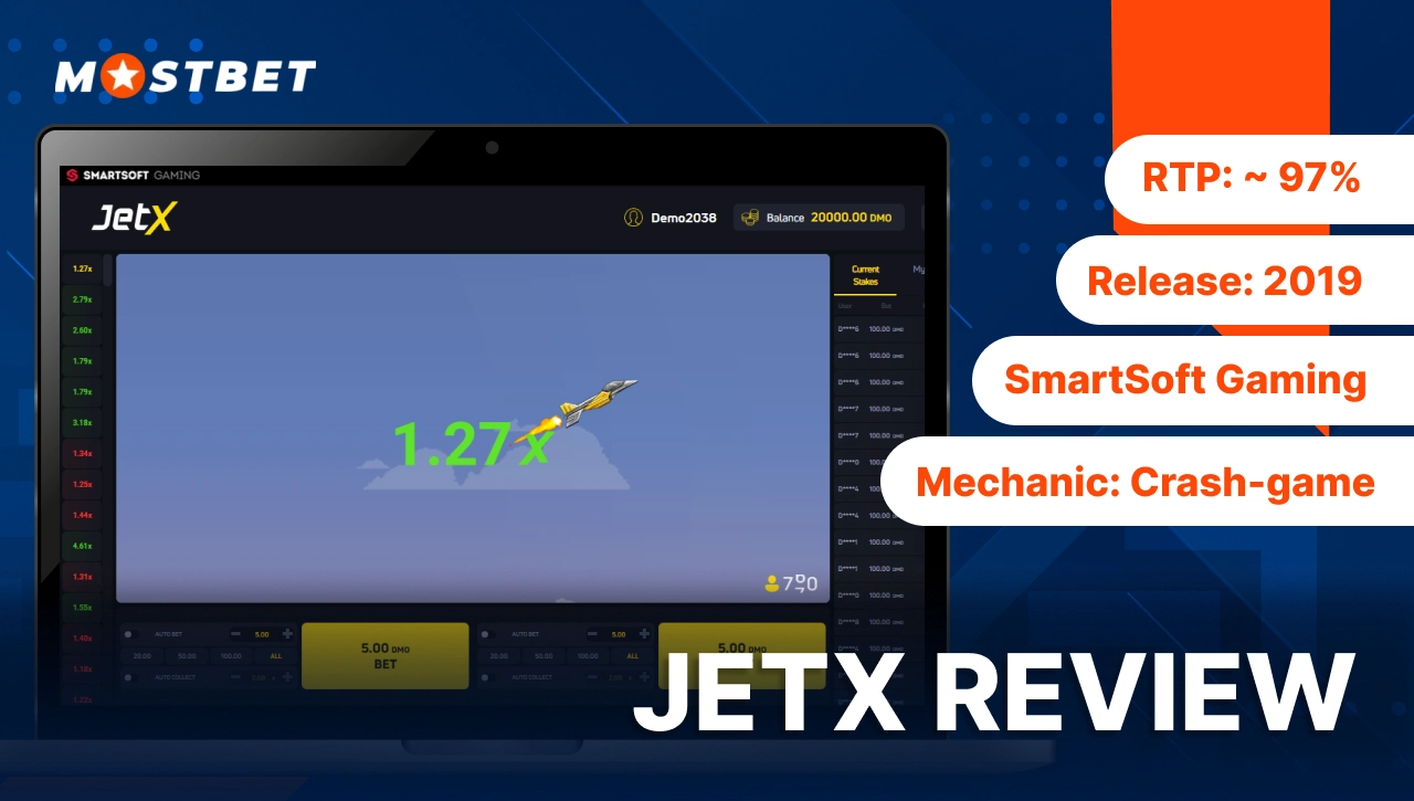 Mostbet JetX review image showing JetX game interface with 1.27x multiplier, SmartSoft Gaming details and crash-game mechanics.