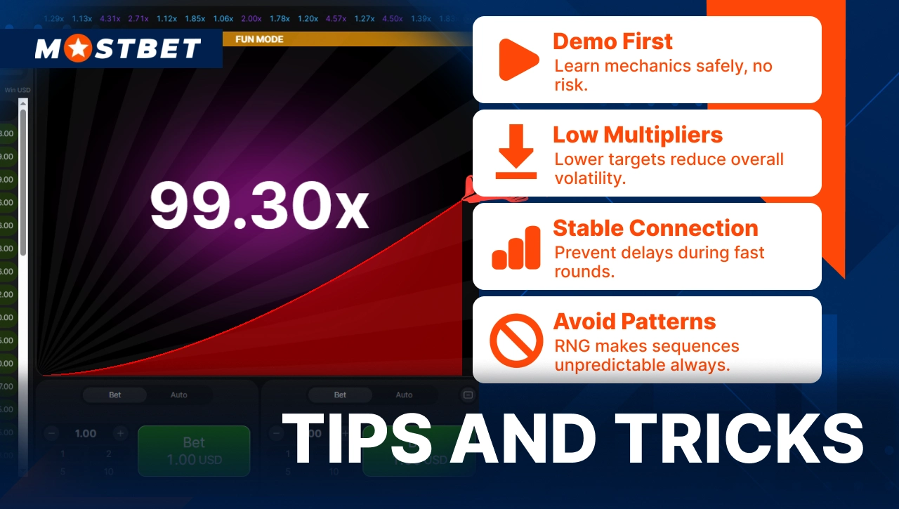 Mostbet Aviator tips and tricks image with 99.30x multiplier and list of strategies including demo mode, low multipliers and pattern avoidance.