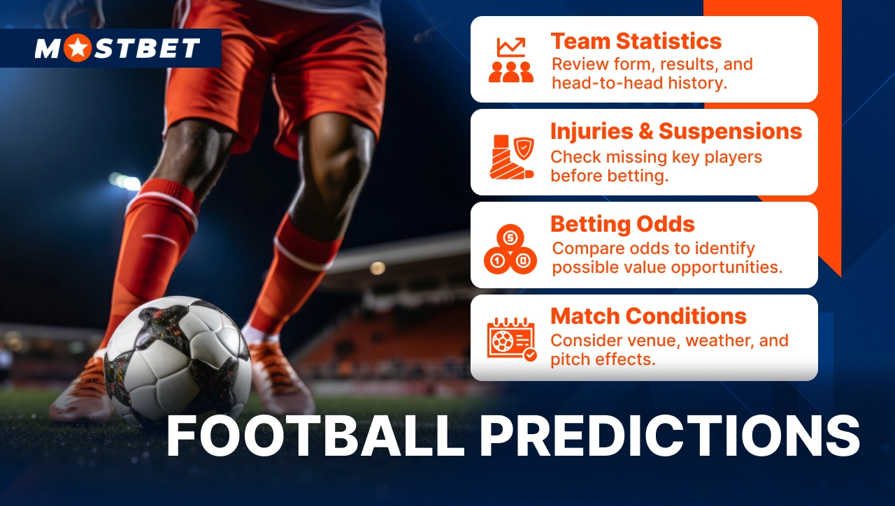 Mostbet football predictions image featuring player in action with tips on team statistics, injuries, betting odds and match conditions